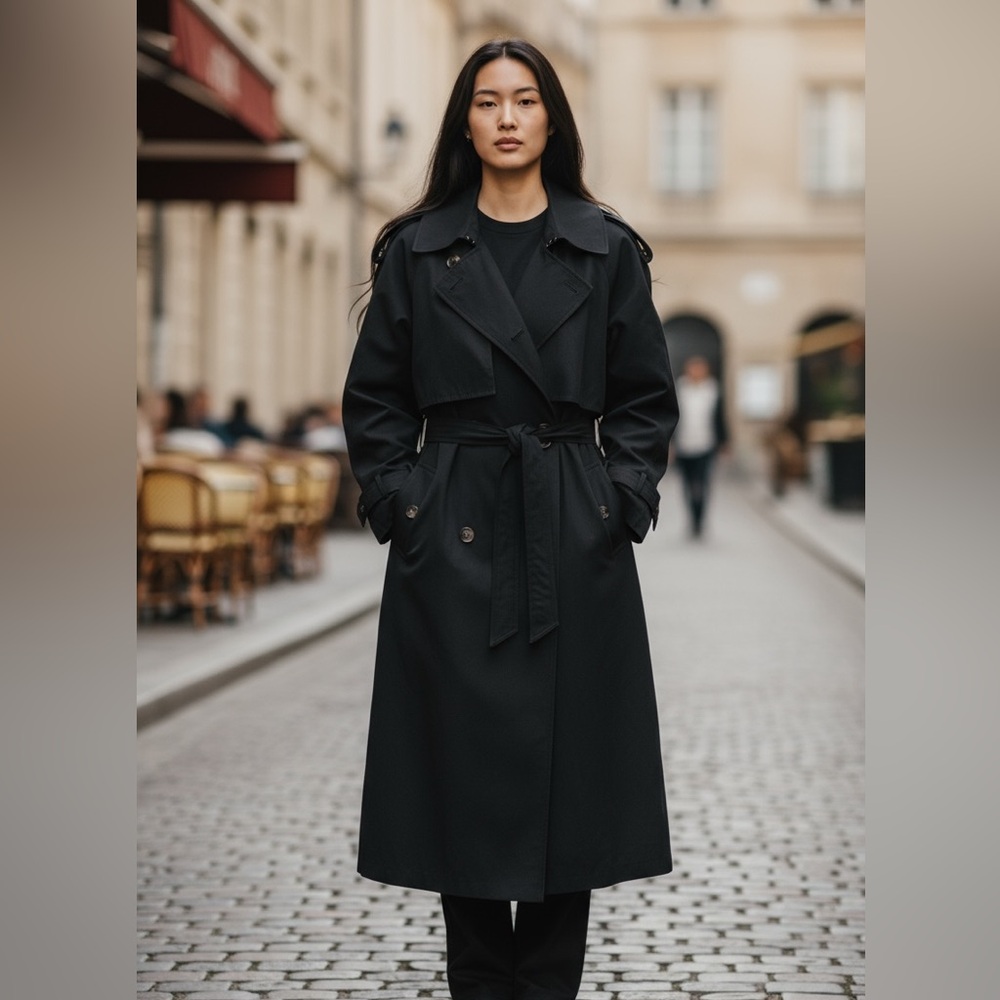 VTG Drizzle Black Long Trench Rain Coat 42/XL Women‎ Double Breasted Winter Fall